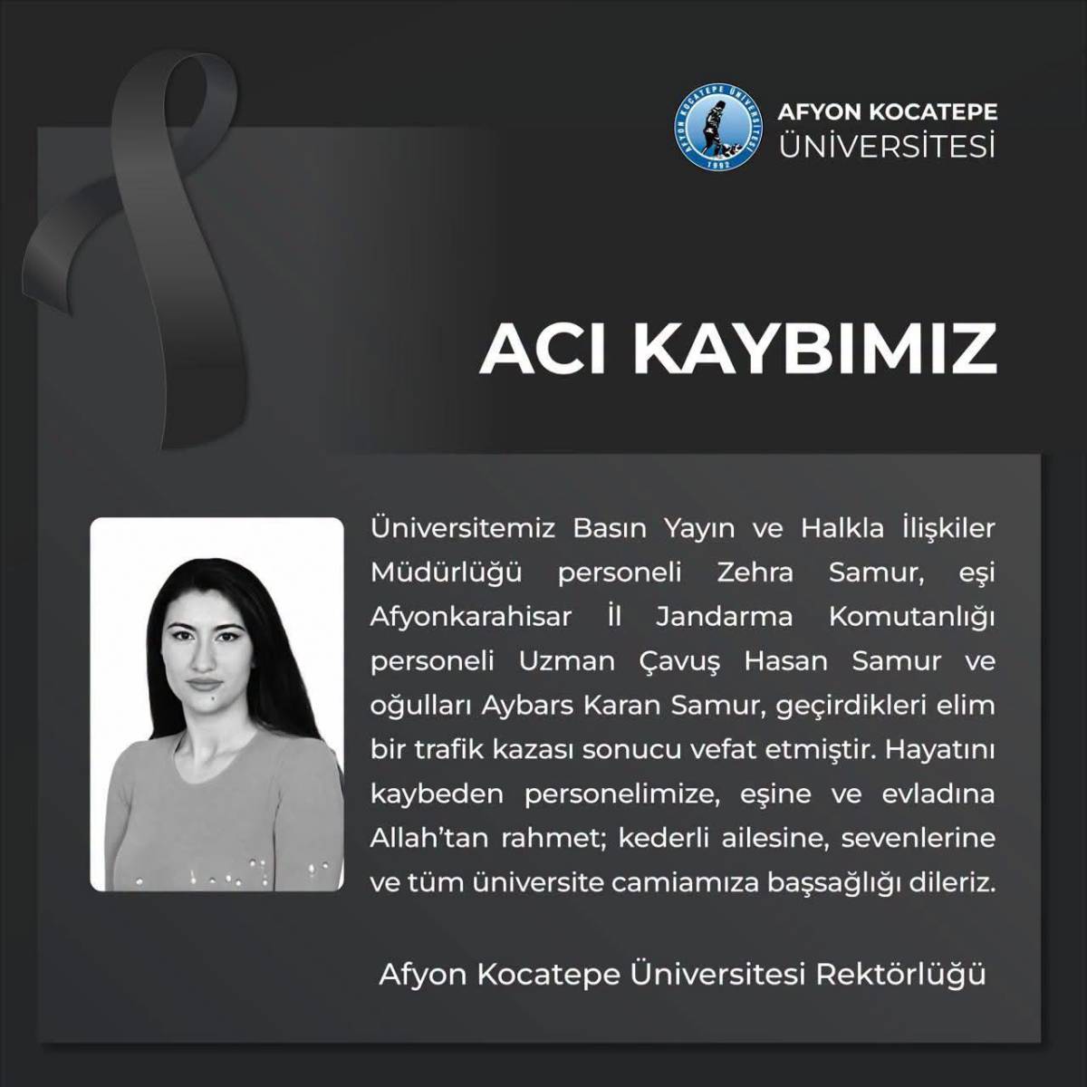Afyon'daki Feci Kazada Hayatını Kaybeden Zehra Samur'un AKÜ Personeli Olduğu Öğrenildi